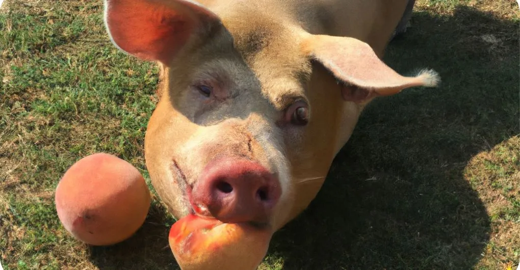 a pig eating peach