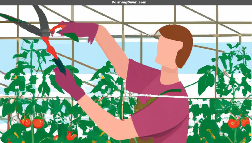 cartoon image of pruning tomato plants in cage