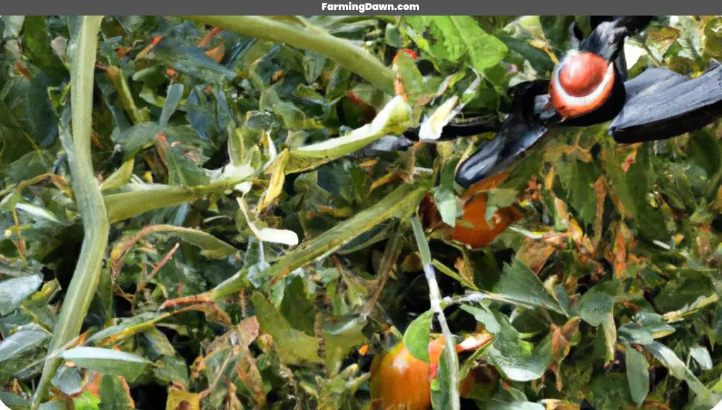 cutting diseased stem off tomato plant