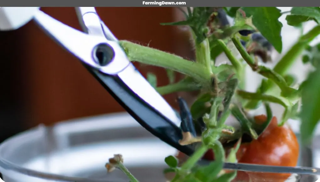 pruning hydroponic tomatoes by sharp scissors