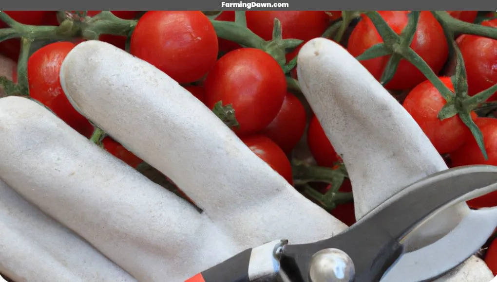 pruning shears and gardening gloves for pruning cherry tomato plants