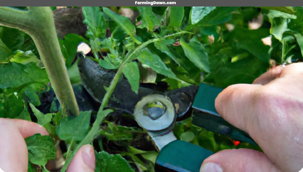 pruning tomato plant with pruning shears