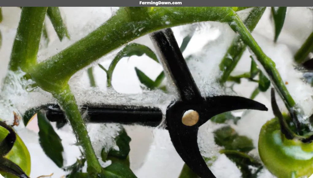 pruning tomato stems covered in snnow