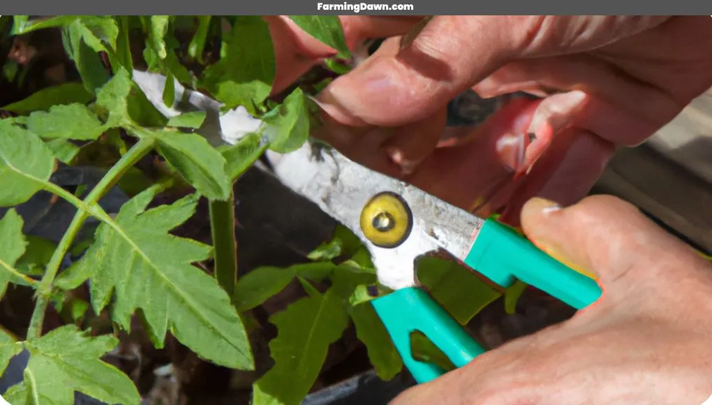 trimming potted tomato plant by using sharp scissors